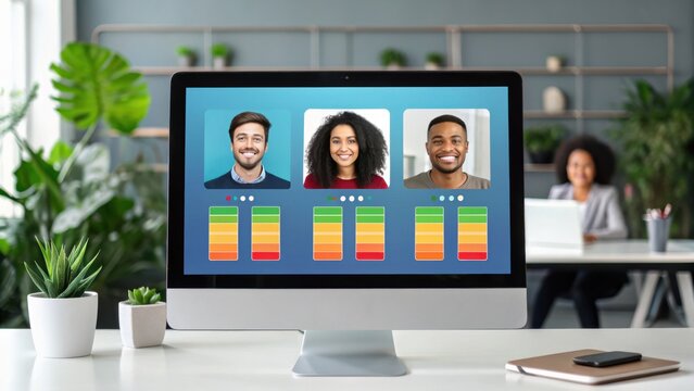 Virtual Team Management Three diverse individuals displayed on a computer screen, with a professional setting in the background.