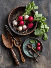 Poster - Still Life Featuring Fresh Radishes and Vintage Kitchen Tools Arranged in a Clean Top Layout