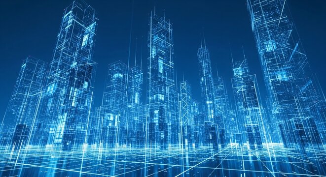 Digital rendering of a futuristic city skyline with glowing blue grid and building structures