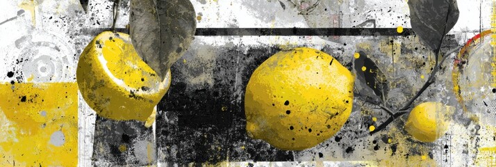 Aufkleber - layered digital collage showcasing bright lemons with an ink and splatter effect, featuring a blank 