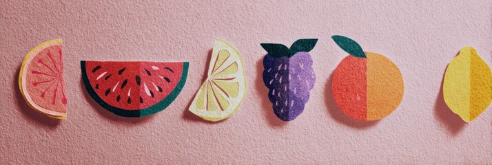 Poster - Colorful Collage of Fruits With Paper-Cut Textures in Pastel Tone Featuring Space for Text on the Left Side