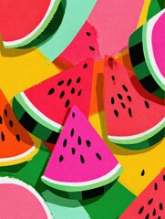 Poster - Colorful Watermelon Slices Arranged in an Abstract Pop-Art Style Layout Captured in a Minimal Aesthetic for a Playful Summer Vibe