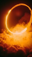 Wall Mural - Mysterious glowing orange portal floating in dense cosmic fog, surreal and cinematic scene, sci-fi atmosphere, dreamy lighting, thick clouds, powerful glow, dramatic composition, concept art.