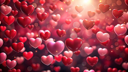 Poster - A romantic display of floating hearts in shades of red and pink against a blurred background of light