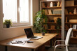 © Stockphotodirectors - A well-organized home office displays a wooden desk with a laptop, paperwork, and a plant, offering a soothing workspace with ample natural light.