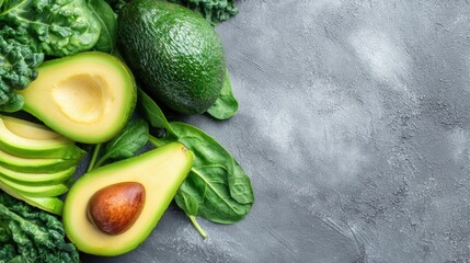 Poster - Sliced Avocado and Fresh Greens Arranged Artfully on a Textured Surface With Space for Title on the Right
