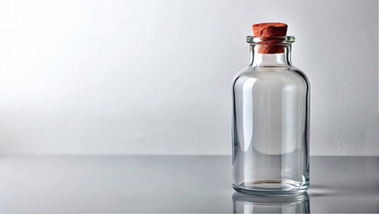 Poster - A clear glass bottle with a cork stopper sitting on a reflective surface against a white background