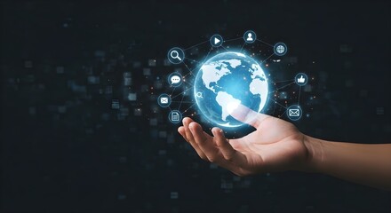 Aufkleber - Man holding glowing globe with network icons. Global communication and social media. Connect the world concept. Digital technology for worldwide connection.