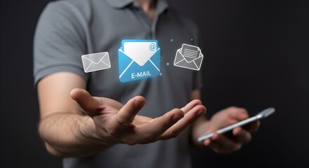 Aufkleber - Man holding a smartphone and displaying a hologram of an email icon. Digital communication and online message concept for business.