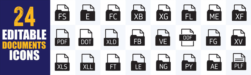 Poster - Comprehensive set of 24 editable document file icons, ideal for web, print, and application design, representing various document types for technology and business themes
