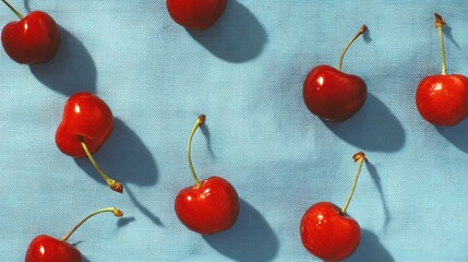Poster - Bright Cherries Arranged on Soft Blue Velvet, Showcasing Their Luscious Color and Natural Shape Against a Serene Backdrop in a Studio Setting