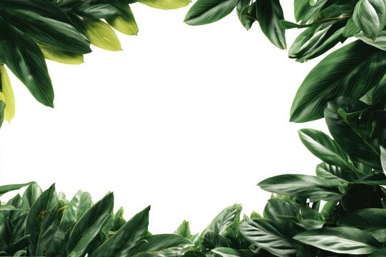 Lush, tropical foliage creates a vibrant, rectangular frame against a stark white backdrop, leaving a central empty space
