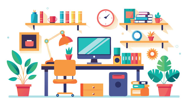 Illustration of a home office setup with a desk, computer, shelves, plants, and various office supplies