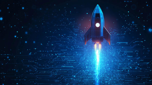 A rocket taking off into space is surrounded by digital communication lines and networks. Technological progress and space travel. Digital business.