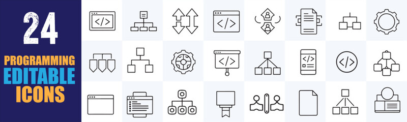 Line vector icons showcasing various programming concepts like coding, data structures, and web development are perfect for software and technology related projects