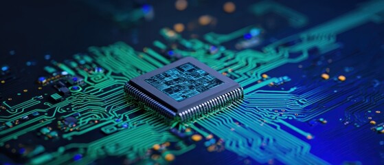 Fototapete - The intricate microprocessor on a futuristic circuit board with vibrant colors.
