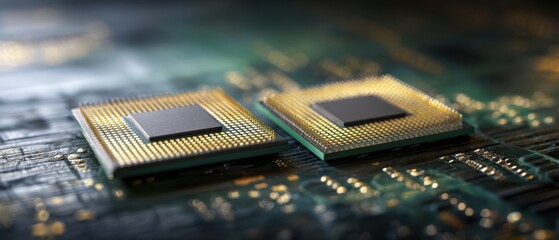 Poster - The detailed view of two high-performance microprocessors on a circuit board.