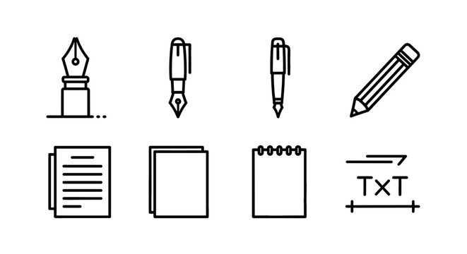 Writing and Editing Vector Icon Set | Pen, pencil, paper, notepad, text tool, writing, editing, notes, journalism, documentation