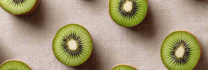 Poster - Floating Kiwi Halves on a Neutral Canvas Create a Minimal yet Vibrant Visual Composition, Showcasing Their Intricate Textures and Colors