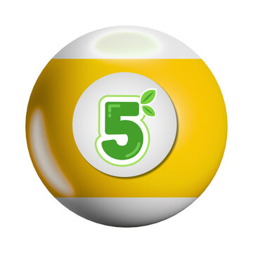 A yellow and white billiard ball with a green number five and small green leaves on a white circle.