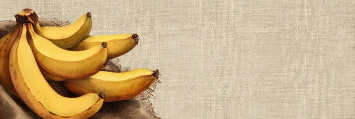 Poster - Ripe Bananas Arranged on a Neutral Linen Fabric With a Blank Right Margin for a Minimalist Aesthetic