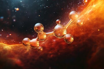 Poster - Abstract Molecular Structure Floating in Cosmic Dust with Golden Orange Lighting and Chemical Bonds