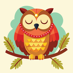 A wise cartoon owl with big eyes perched on a tree branch, a cute nature design