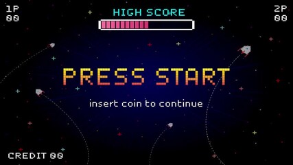 Aufkleber - PRESS START. insert coin to continue. pixel art. 8 bit game. retro game. for game assets .Retro Futurism Sci-Fi Background. glowing neon grid. and stars from vintage arcade computer games