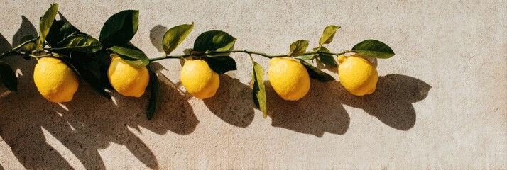 Poster - Lemons Arranged on Soft Concrete Surface Casting Distinct Shadows Showcasing Vibrant Yellow Color and Green Leaves in Natural Light