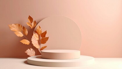 Poster - Elegant autumn display with natural leaves and circular platforms in a minimalist studio environment