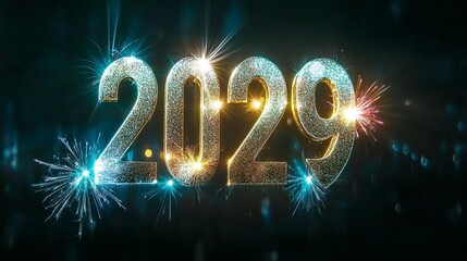 Poster - Elegant New Year Celebration 2029 Silver Numbers and Fireworks Against a Reflective Backdrop