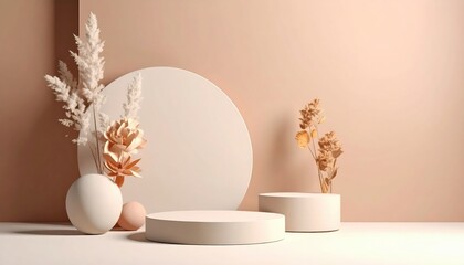 Poster - Elegant minimalist arrangement of dried flowers and geometric shapes studio setting photography soft color palette aesthetic perspective