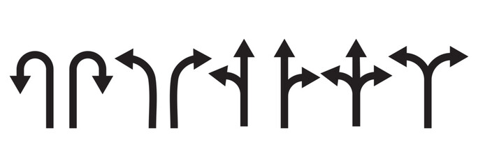 Poster - Road sign icon set with turn arrow symbol direction, navigation, guide, U-turn path, split way vector illustration for traffic transport map.