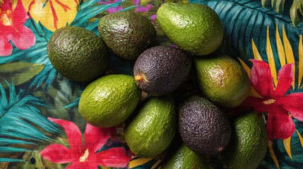 Poster - Ripe Avocados on Vibrant Tropical Fabric Ready for Fresh Dishes or Snacking