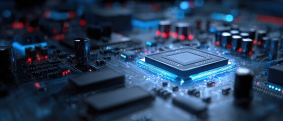 Fototapete - The intricate microchip illuminated by blue and red lights on a motherboard.