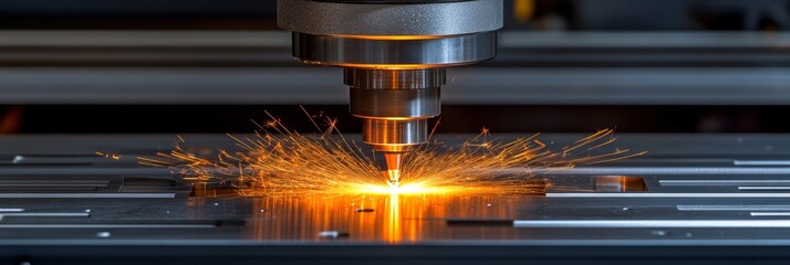 Poster - High Precision CNC Milling Machine Cutting Aluminum with Sparks in an Industrial Engineering Setting