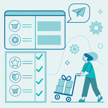 Illustration of a woman pushing a cart with gifts next to a checklist and a computer interface