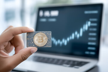 Poster - Hand presents cryptocurrency card featuring Bitcoin in front of laptop showing rising market analytics. Modern office setting with bright natural light. Concept of finance, investment, technology