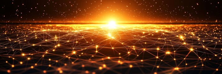 Poster - Abstract Networked Landscape Structure with Golden Lines Connecting Shiny Spheres in Vivid Light