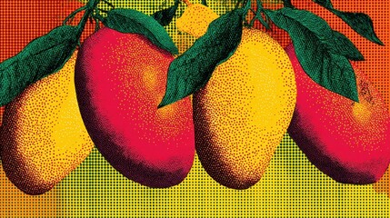 Poster - Colorful Pop Art Mangoes in Vibrant Halftone Style With Blank Right Margin Creating a Playful Visual Pattern