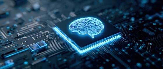Fototapete - The futuristic microchip featuring a glowing brain design on a circuit board.