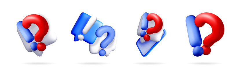 Poster - Set of 3d vector illustrations featuring question mark and exclamation mark symbols for frequently asked questions.