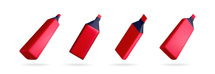 Poster - Set of red 3d vector illustrations of highlighters for office supplies, school stationery, and drawing applications.