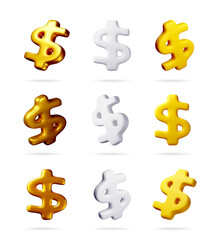 Poster - A collection of 3d dollar sign icons in gold, white, and yellow colors. Currency symbols for finance, investment, or economy concept.