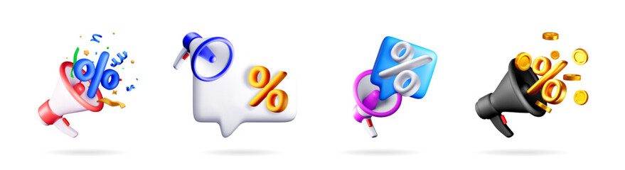 Poster - Megaphone set with percentage symbols, coins and confetti. 3d vector element for promotion, discount, sale marketing, and advertising.