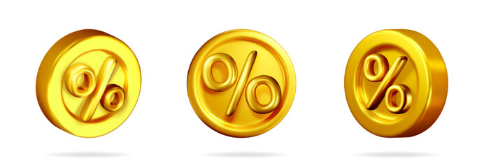 Poster - Three golden percentage icons for discount. Interest rate concept. Financial infographic element for bargain and sale advertising.