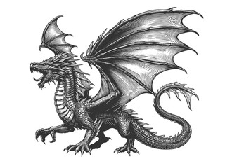 Wall Mural - Dragon sketch engraving generative ai fictional character vector illustration. Scratch board imitation. Black and white image.