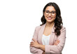 © Vooglo.com - A young indian woman with glasses and a pink blazer smiles confidently with her arms crossed isolated on transparent background