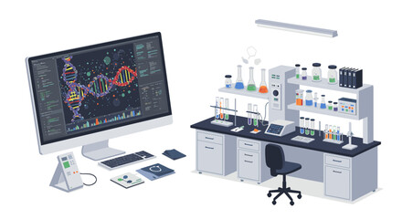 Poster - Laboratory workspace with dna on screen and assorted chemistry equipment in modern isometric design