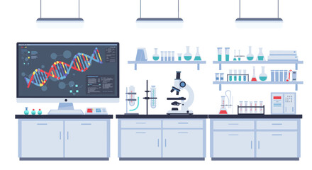 Poster - Modern laboratory with scientific equipment and digital dna display
